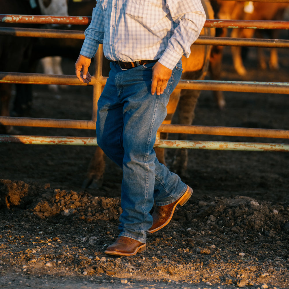 Man wearing blue jeans and cowboy boots standing on dirt with gate and silhouettes of animals in background