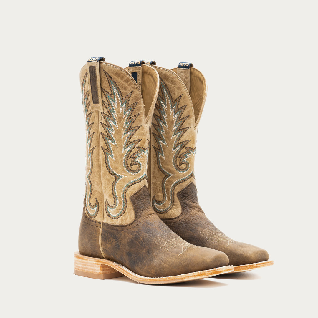 Pair of brown and tan cowboy boots with intricate designs on a light gray background